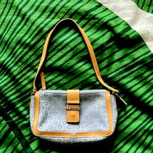 Cute baby blue faux mini shoulder bag. Made in China.